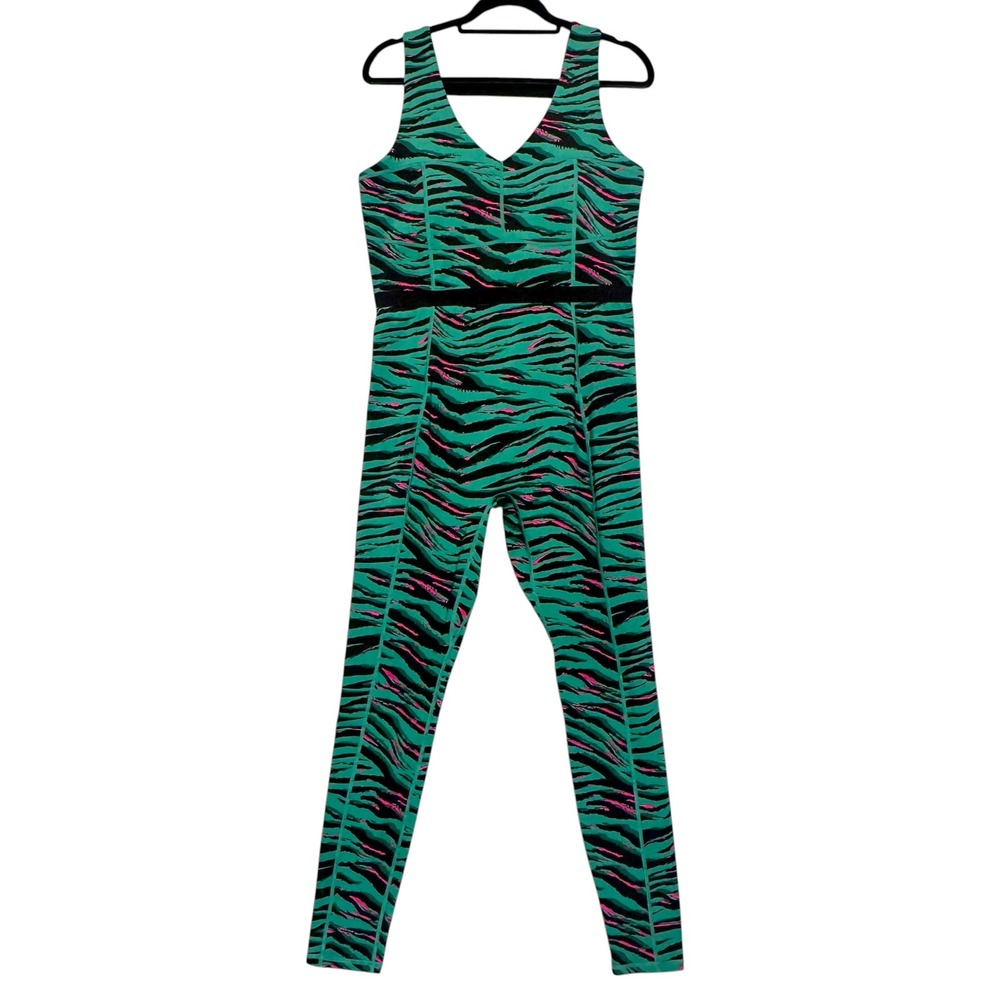 Fabletics Bodysuit Jumpsuit Motion 365+ Tiger Print Cutout‎ Green Black Pink XL - Picture 3 of 16